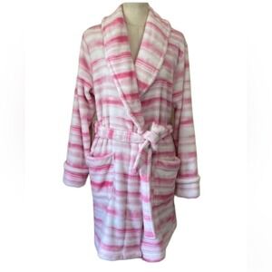 SONOMA Women's Plush Striped Bathrobe Size S Pink White Shawl Collar Robe